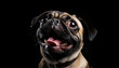 pug dog with his mouth open and his tongue out to the sides