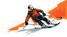 Copy Space, Simple Vector Illustration, Simple Colors, Snowboarding, Jumping Snowboarder In Snowy Mountains Background, Man With Snowboard Flat Style. Winter Sport Concept. Advertisement For Ski Vacat