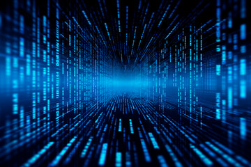 Stream of binary data in blue tones creating a tunnel perspective, symbolizing digital speed.