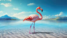 Flamingo On The Beach And Waters Surrounding Mountains