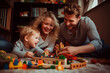 Father and daughters smiling and enjoying an educational playtime with wooden toys together.