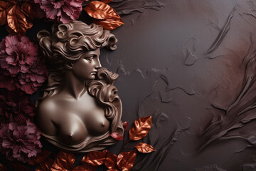 Wall Mural - antique bust of woman on purple background. bust sculpture with pink and white flowers bouquet. femi