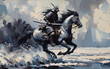 A samurai is riding her horse towards the battlefield. 