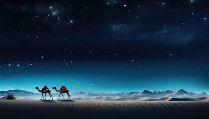 Wall Mural - Camel at night in desert with stars, ramadan concept