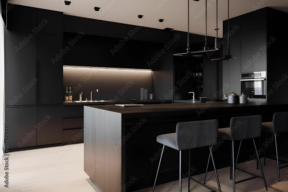 Sleek and modern, dark black kitchen exudes industrial edge Stock Photo ...
