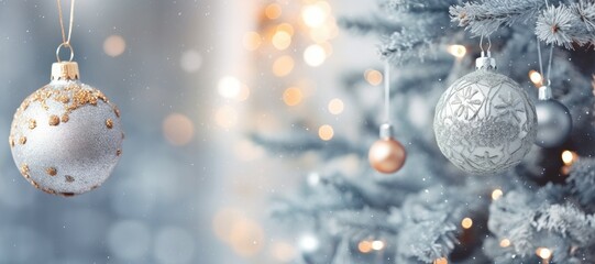 Wall Mural - Christmas tree festive decoration on bokeh light background, copy space