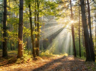 Canvas Print - Sunny morning in the autumn forest background