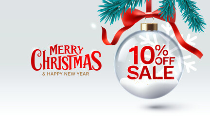 Merry Christmas and happy new year, 10 Percentage off sale. Vector illustration 