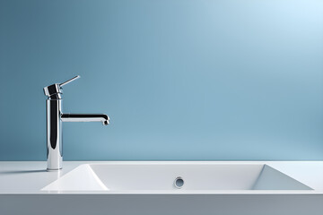 modern steel minimalist faucet and sink in blue bathroom