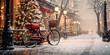 A Scene with Christmas tree, decoration and bicycle on evening snowy city street. Outdoor background. Generative ai.