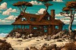 Comics, in the style of Calvin and Hobbes, a playful depiction of a quirky brown house on a sandy seashore, surrounded by whimsical rocks and animated trees