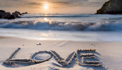 Sunset on the beach. Love written in the sand at the sunset. 