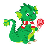 Fototapeta Dinusie - Dragon of the Chinese New Year 2024. Cute dragon with a lollipop in paws and in scarf in cartoon flat style. Isolated vector illustration on a white background. Perfect for winter holiday design.