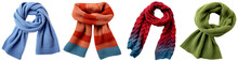 Set/collection Of Knitted Multi-colored Short Scarves. Green, Blue, Striped Scarves. Isolated On A Transparent Background.