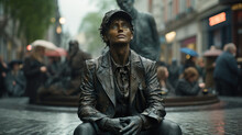 Person Posing As A Living Statue In A Busy Urban Square. Concept Of Street Performance Art, Living Statue Performance, Artistic Performance.