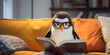 penguin wearing glasses reading book on sofa, learning and knowledge and wisdom concept,