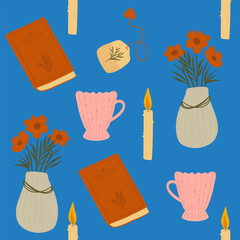 pattern with old evening atmosphere. books, candles, flowers and tea. seamless print