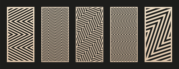 Aufkleber - Laser cut patterns set. Vector collection of CNC cutting templates with abstract geometric ornament, lines, chevron, zigzag. Decorative stencil for laser cut of wood, metal, plastic. Aspect ratio 1:2