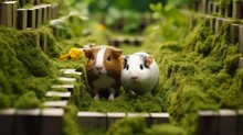 A Pair Of Curious Guinea Pigs Exploring A Miniature Maze.
