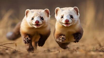  A pair of energetic ferrets engaged in a lively game of chase, their sleek bodies in motion.