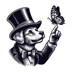 Wall Mural - dog wearing a top hat and suit looking at butterfly sketch