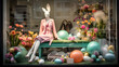 An Easter-themed window display at a local boutique with spring fashion and decorations.