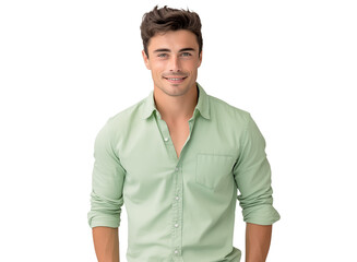 Wall Mural - portrait of a happy man with a friendly smile in green shirt, pleasant, cheerful, positive joyful person