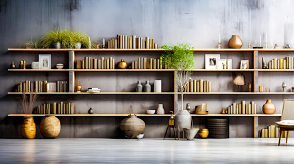 Wall Mural - Bookshelf filled with lots of books next to vase and potted plant.