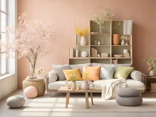 A cozy living room decorated for Easter with pastel colors and spring flowers.