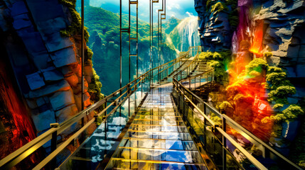 Poster - Digital painting of stairway leading to waterfall in mountain valley.