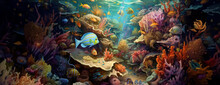 Tropical Sea Underwater Fishes On Coral Reef. Aquarium Oceanarium Wildlife Colorful Marine Panorama Landscape Nature Snorkel Diving. AI Generative.