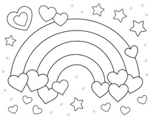 Valentine Day Coloring Page, Rainbow And Hearts. You Can Print It On Standard 8.5x11 Inch Paper