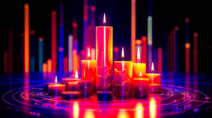 Canvas Print - Group of lit candles sitting on top of table next to each other.