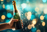 Fototapeta  - Hand with a bottle of champagne over turquoise bokeh background. Hand popping champagne, celebration sparkle. Festive champagne burst, bokeh lights. Champagne banner. Greeting card with sparkling wine