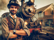 © Eric - Hombre joven con vestimenta steampunk junto a locomotora en estación de ferrocaril