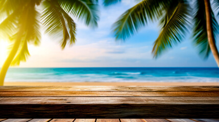 Sticker - Wooden table top with view of the ocean and palm tree.