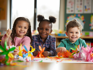 Children in a classroom making Easter crafts such as paper bunnies and egg decorations.