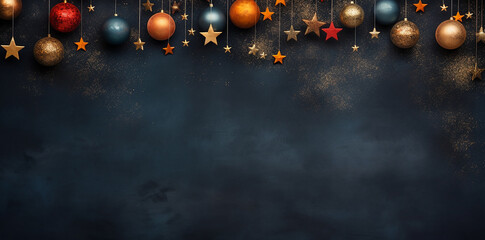 Wall Mural - Christmas ornaments and stars on a dark background, space for copy