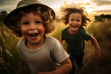 Fototapeta  - children playing in the field, nature, countryside, running outdoors in sunlight, happy thrilled laughing boys, intense expression, wearing tshirt and hat, excited, long curly hair, cheerful, friends