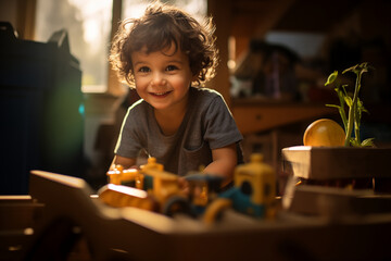 Wall Mural - child playing in his bedroom, game room, smiling, cute, indoors, many toys and games around him, potted plant, sunlight, happy confident cheerful child, warm atmosphere