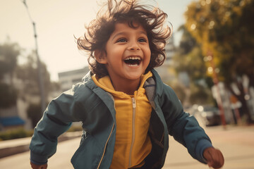 Wall Mural - child running outdoors in sunlight in a city, happy thrilled smiling laughing kid, on the move, with intense expression, wearing blue jacket, yellow hoodie, excited, brown, indian