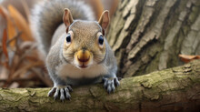 Cute Eastern Gray Squirrel Foraging For Nuts With A Shallow Depth Of Field. Generative Ai