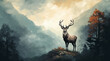 a fierce and noble looking white deer silhouetted on top of a mountain peak in Wales, surrounded by a thick ground fog. Background of grand old oak trees, sky, forest and mountains. God rays.