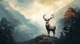 Fototapeta  - a fierce and noble looking white deer silhouetted on top of a mountain peak in Wales, surrounded by a thick ground fog. Background of grand old oak trees, sky, forest and mountains. God rays.