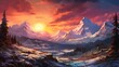 A vibrant sunset over a mountain range, casting warm hues on snow-capped peaks and painting the sky in breathtaking colors.