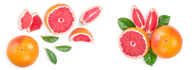 Wall Mural - Grapefruit and slices with leaves isolated on white background. Top view. Flat lay