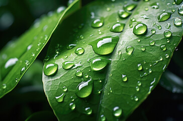 Beautiful closeup of a green leaf with droplets of water, extreme close up, nature photography