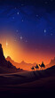 Silhouette of the three wise men on their camels walking through the desert at sunset, following the star towards the Bethlehem portal.copy space