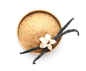Wall Mural - Bowl with aromatic vanilla sugar, flower and sticks on white background