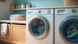An energy-efficient washer and dryer combo with neatly folded towels and clothes ready to be put away.